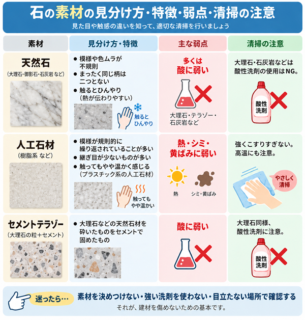 石の素材の見分け方・特徴・弱点・清掃の注意をまとめた表。天然石・人工石材・セメントテラゾーの3種類について、見分け方と主な弱点、清掃時の注意をそれぞれ記載